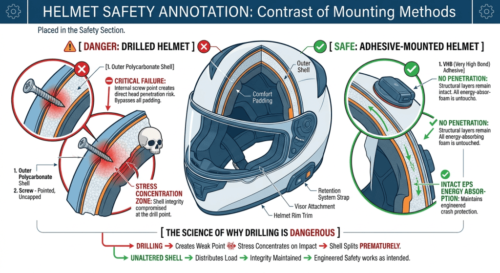 Helmet safety annotation — placed in the Safety section. An annotated cutaway contrasting a drilled helmet (screw protruding past padding) with an adhesive-mounted helmet.