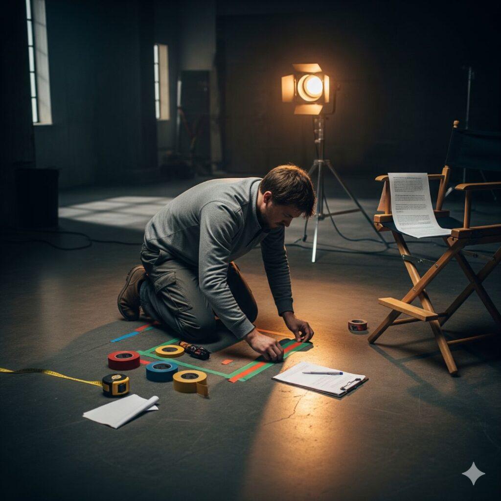 A filmmaker kneels on a concrete floor, using colored tape to mark actor positions and camera paths. This demonstrates the process of communicating blocking to actors in a small-crew setting, where there is no assistant director.