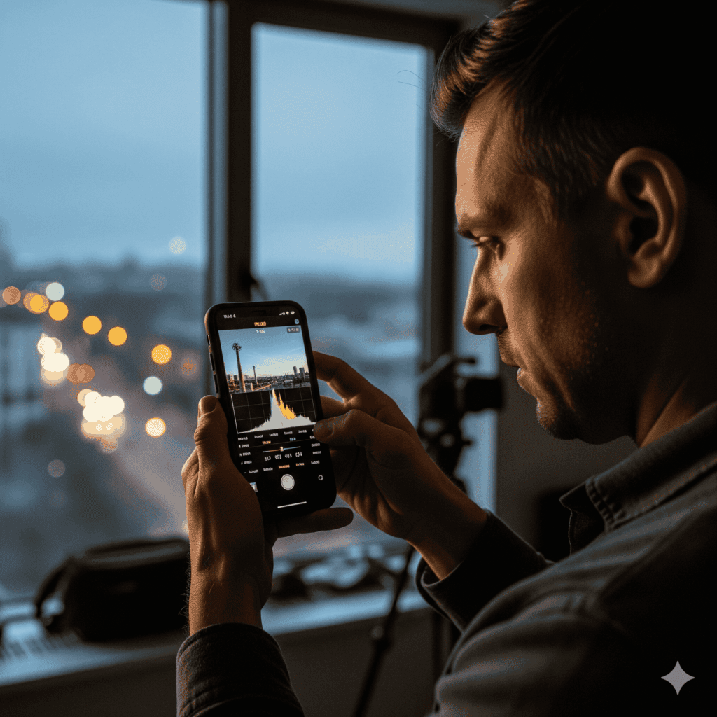 pre-lighting with you smartphone - Filmmaker using smartphone to pre-light a room for a film shoot.