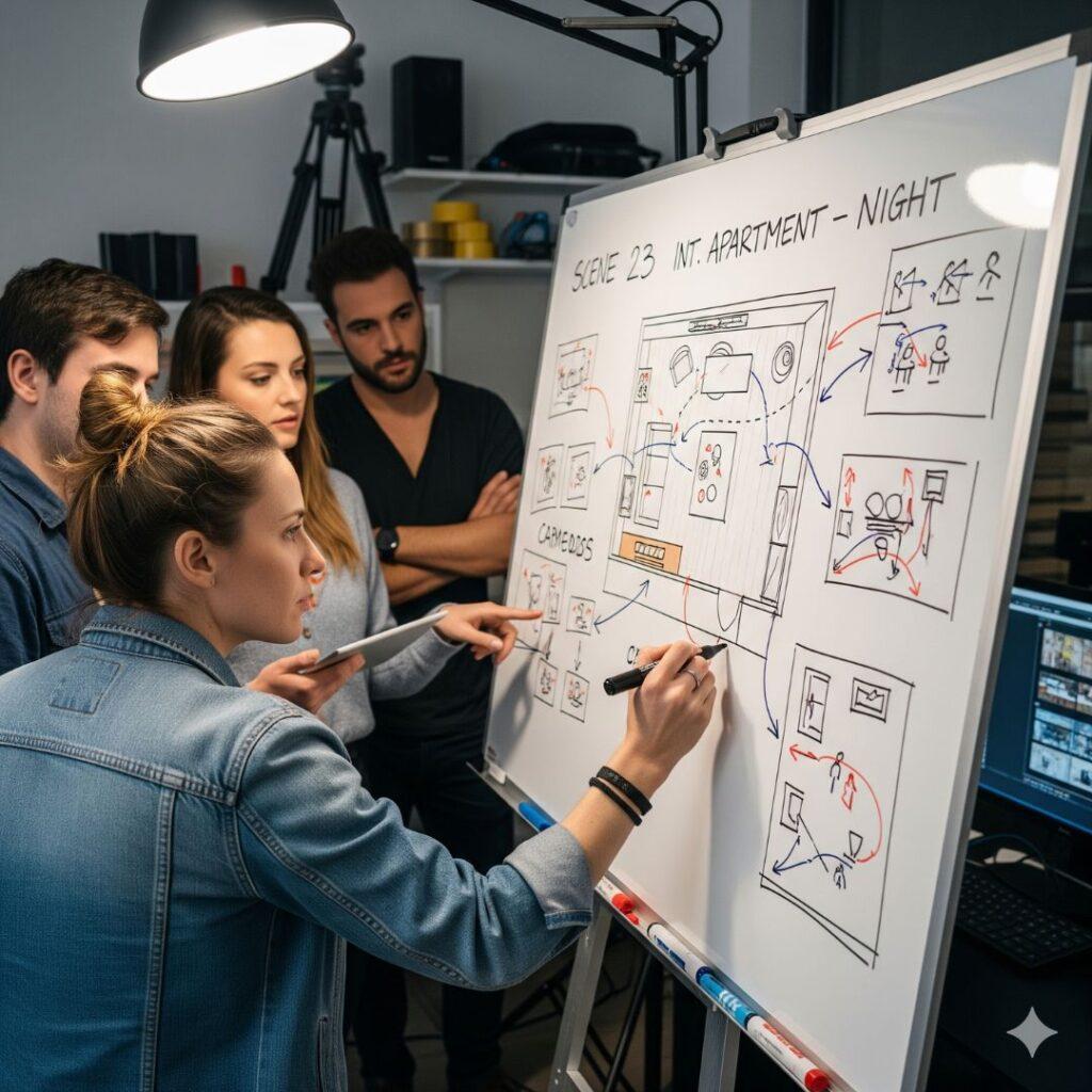 A small film crew, consisting of a director and actors, collaborates around a whiteboard displaying detailed floor plans, camera paths, and actor blocking for a scene. The director points to a section with a marker, illustrating the pre-production planning process.