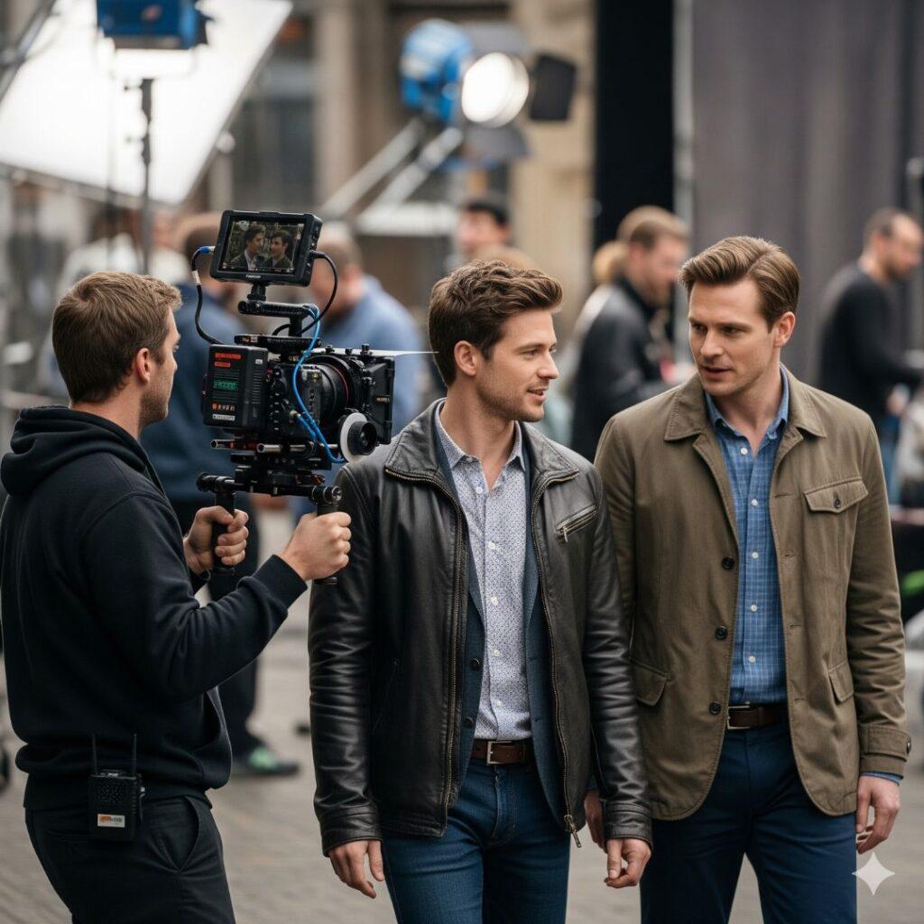 A camera operator with a gimbal rig films two male actors walking and talking in an outdoor urban setting. The focus is on practical, scalable camera movements for small crews, such as handheld or gimbal-stabilized walk-and-talks.