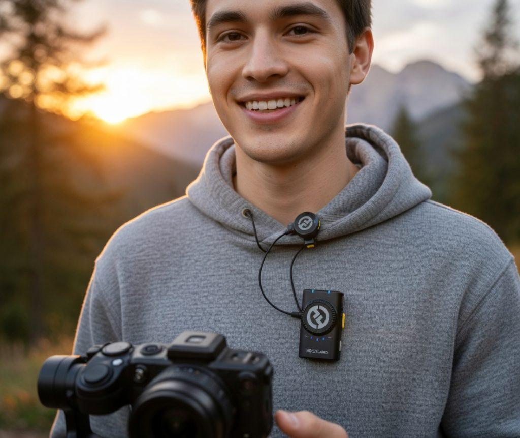 Close-up of a young man wearing a Hollyland wireless lavalier microphone clipped to his grey hoodie collar, with the transmitter visible on his chest, holding a camera in an outdoor setting at golden hour.