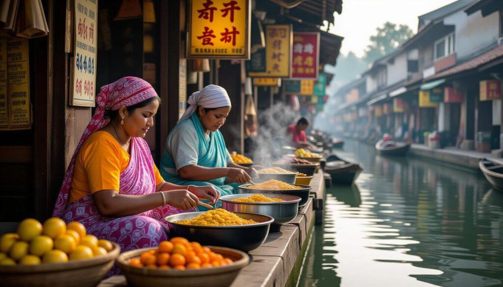 Close-ups of hands preparing local food, textures of streets, market signs, or reflections in water.