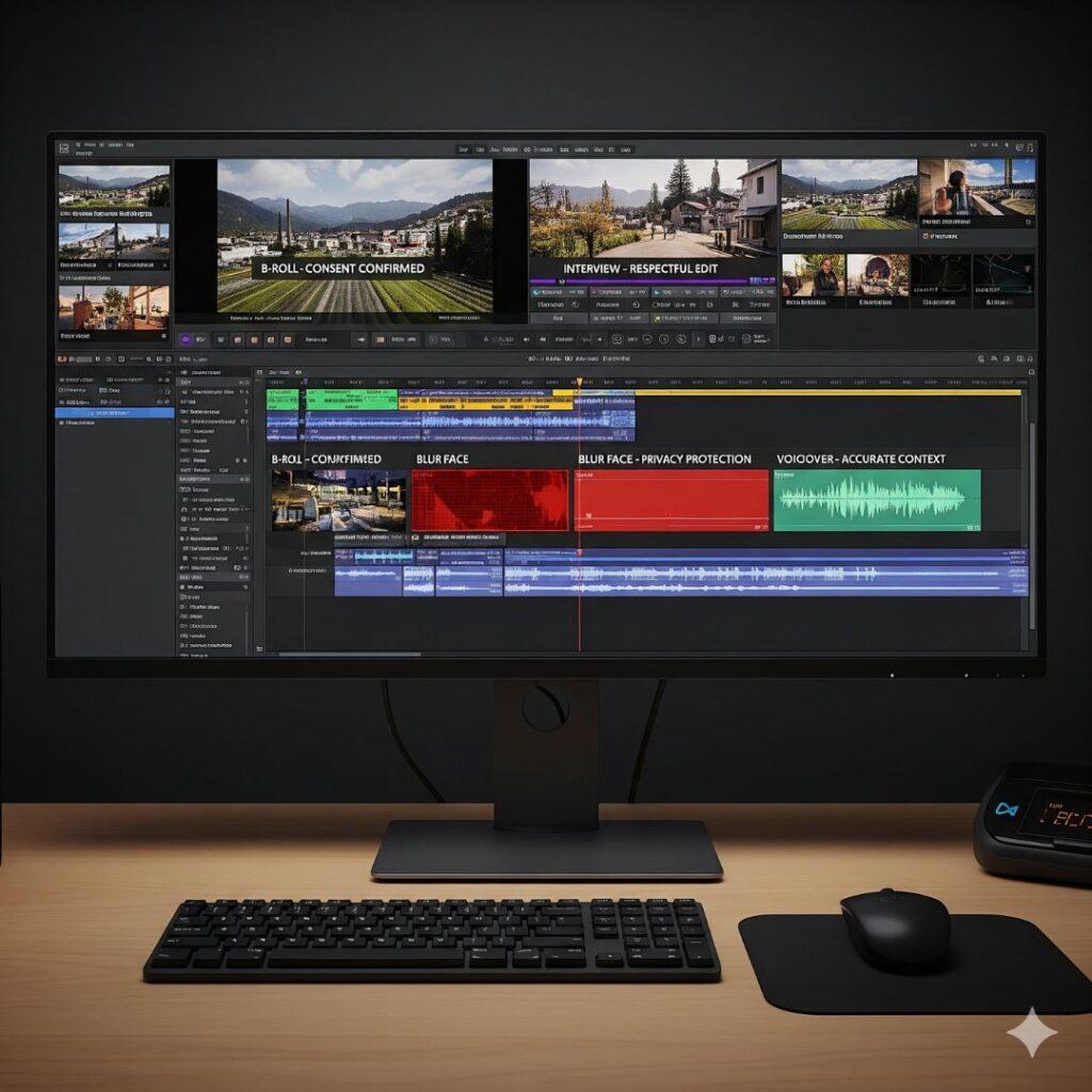 A video editing workstation with a large monitor. The screen displays a timeline with clips carefully labeled with terms like "B-roll - Consent Confirmed" and "Blur Face - Privacy Protection," illustrating an ethically organized editing project.