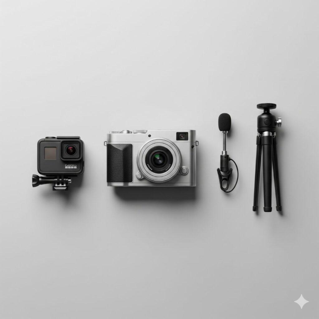A flat lay of minimalist travel filmmaking gear on a gray background. The items include a black GoPro, a compact silver mirrorless camera with a small lens, a portable tripod, and a lavalier microphone.