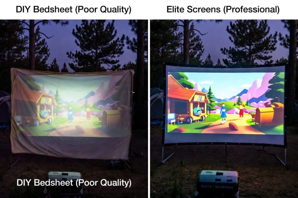 Side-by-side comparison of DIY bedsheet vs Elite Screens Yard Master 2 outdoor movie screen showing image quality difference at campsite.