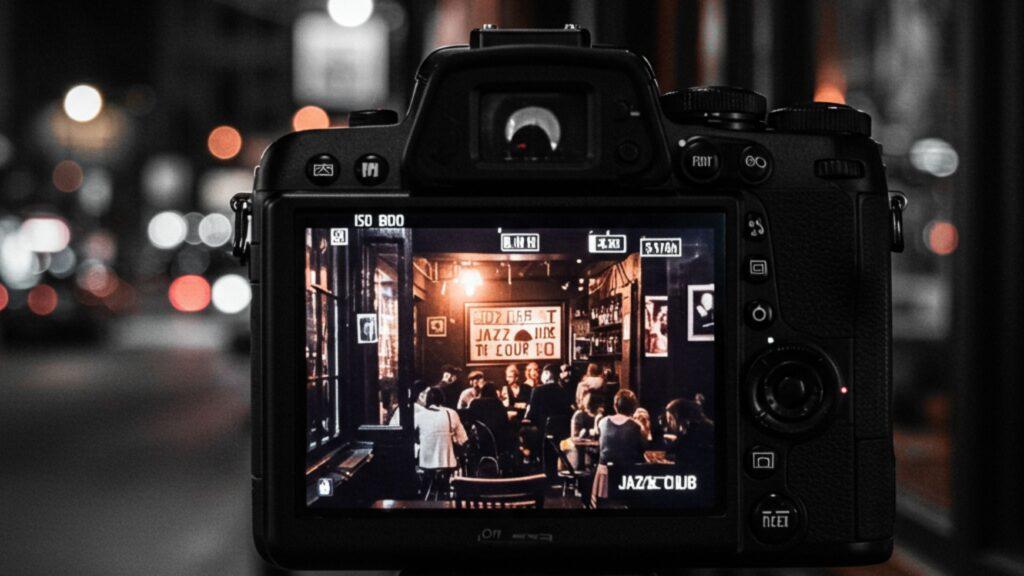 Nighttime travel videography camera settings for ISO, shutter speed, and aperture in low-light conditions.