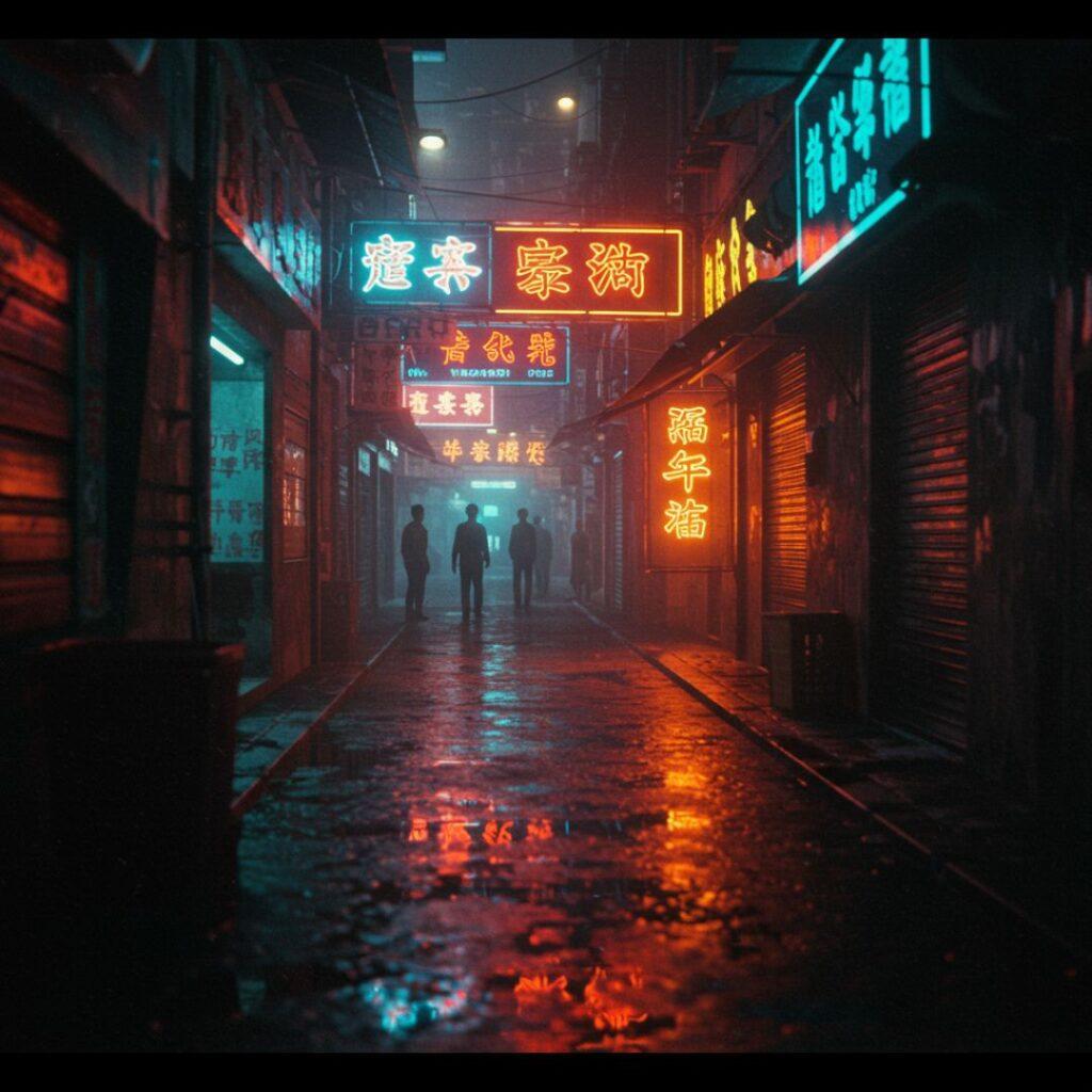 Example of nighttime cinematography inspired by Wong Kar-wai and Michael Mann, highlighting neon lights and urban atmosphere.
