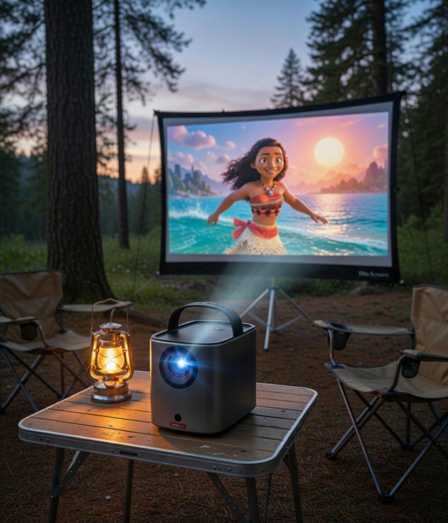 the Nebula Mars 3 Air now realistically placed in a campsite, actively projecting a movie onto the screen at twilight.