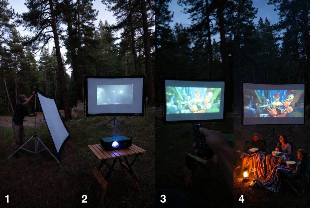 Step-by-step campsite movie night setup sequence — screen assembly, projector placement, image check, family ready with blankets and popcorn.