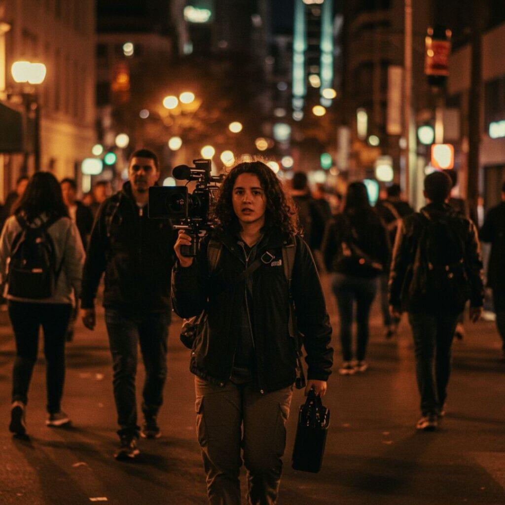 Travel filmmaker safely navigating low-light nightlife with compact gear and awareness of surroundings.