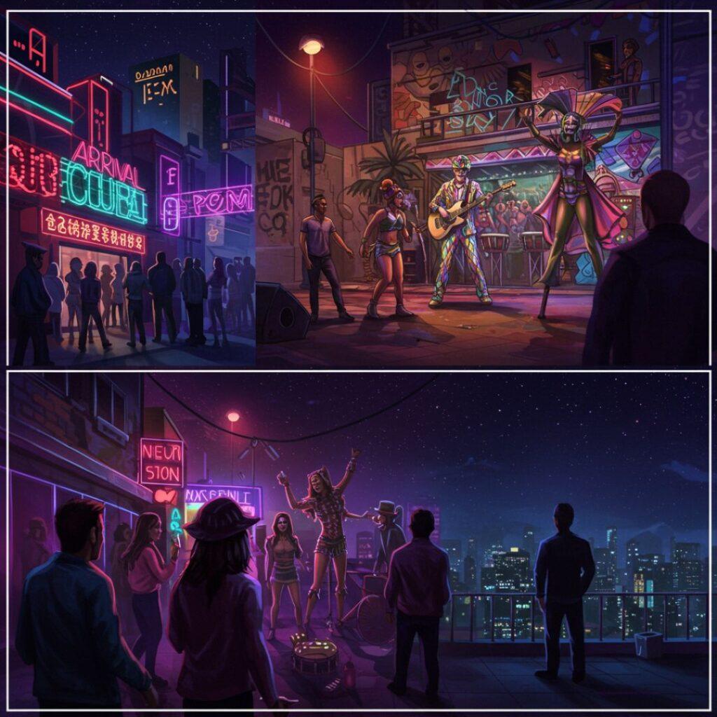 Nightlife travel filmmaking storytelling structure showing Arrival, Experience, and Transformation in low-light scenes.