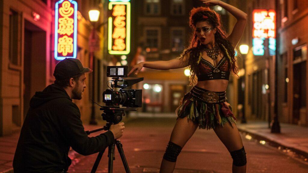 Using available light for creative low-light travel filmmaking, capturing a performer on a neon-lit street.