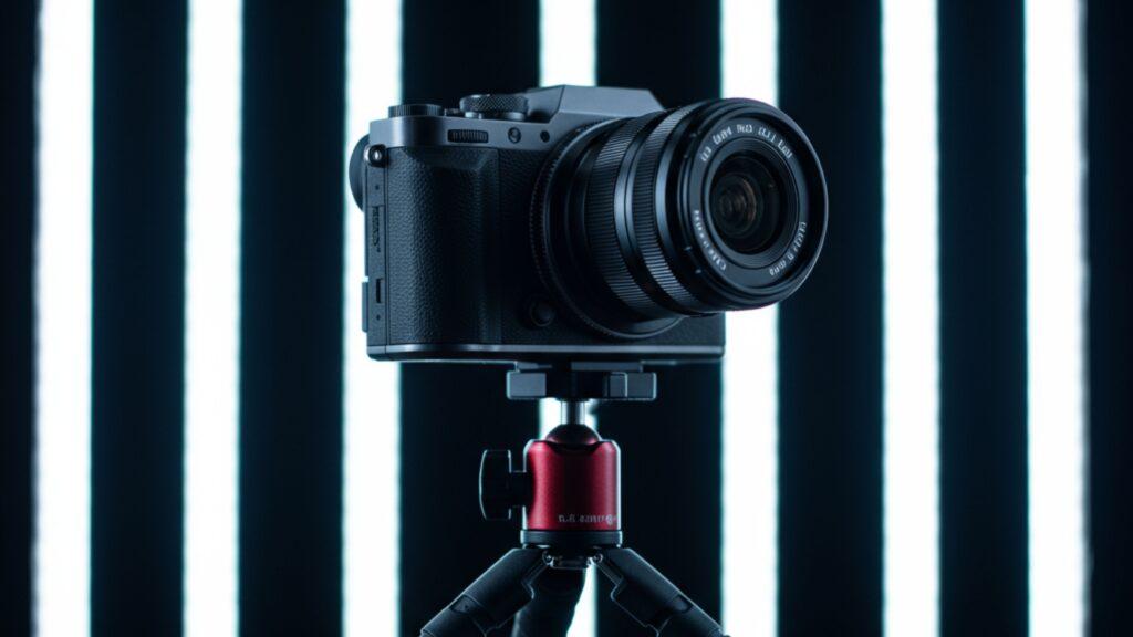 Travel filmmaker setup for low-light videography in nightlife environment with compact camera and tripod.