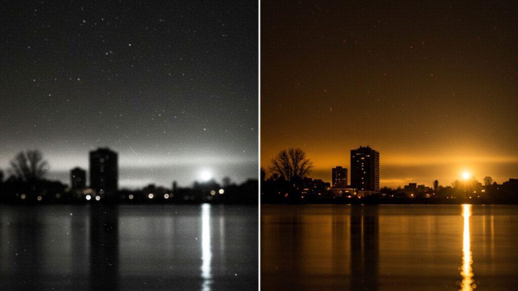 Comparison of noisy low-light footage versus properly exposed nighttime travel video.