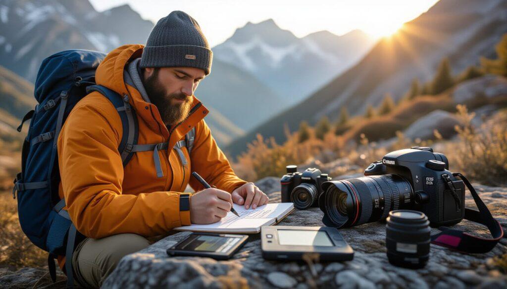 creative travel filmmaking Traveler sketching a shot list or storyboarding on a notebook or tablet, with travel gear nearby