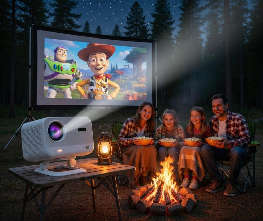 Yaber L2 Plus portable projector setup for family camping movie night. Happy family watching Toy Story on Elite Screens outdoor projector screen in a dark forest campsite with campfire glow.