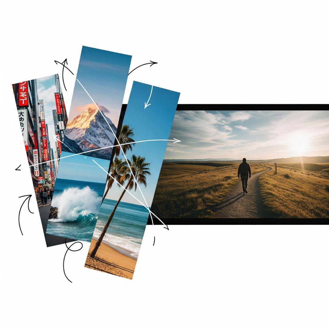 A split image showing the contrast between a messy montage and a cohesive story. On the left, a chaotic collage of overlapping vertical travel clips of a city, a mountain, and a beach with arrows pointing in different directions. On the right, a single, clear horizontal image of a person walking on a path into the distance, with a cinematic filter.