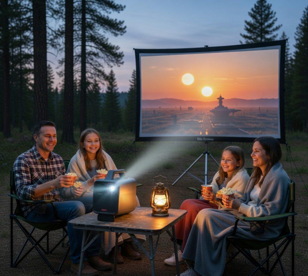 Family watching Star Wars on Nebula Mars 3 portable projector during a cozy campsite movie night in the forest at dusk.