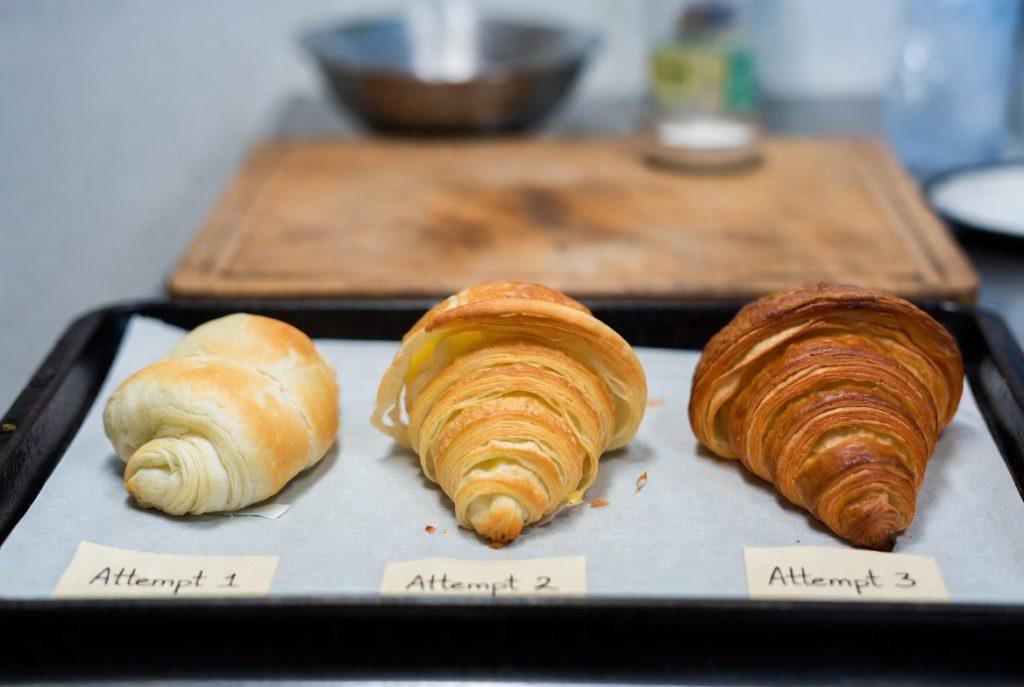 Three croissant baking attempts showing progression from failure to success in MasterClass French pastry course