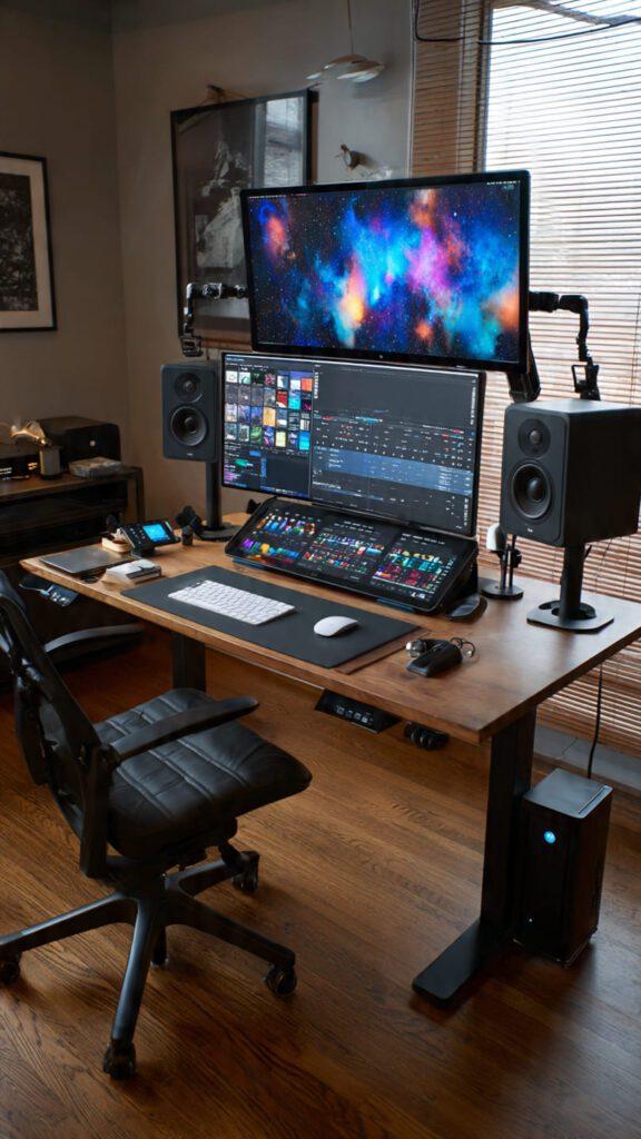 Complete editing desk setup with monitor arms, speakers, calibration tool
