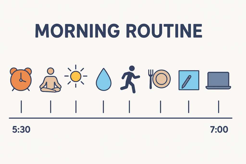5:30–7:00 timeline with icons: alarm → breathing → sunlight → water → movement → shower → breakfast/journal → planning → deep work.