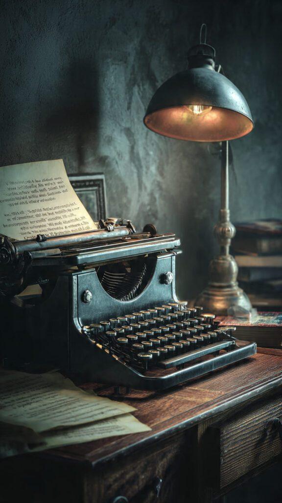 Classic screenwriting setup with typewriter and manuscript pages