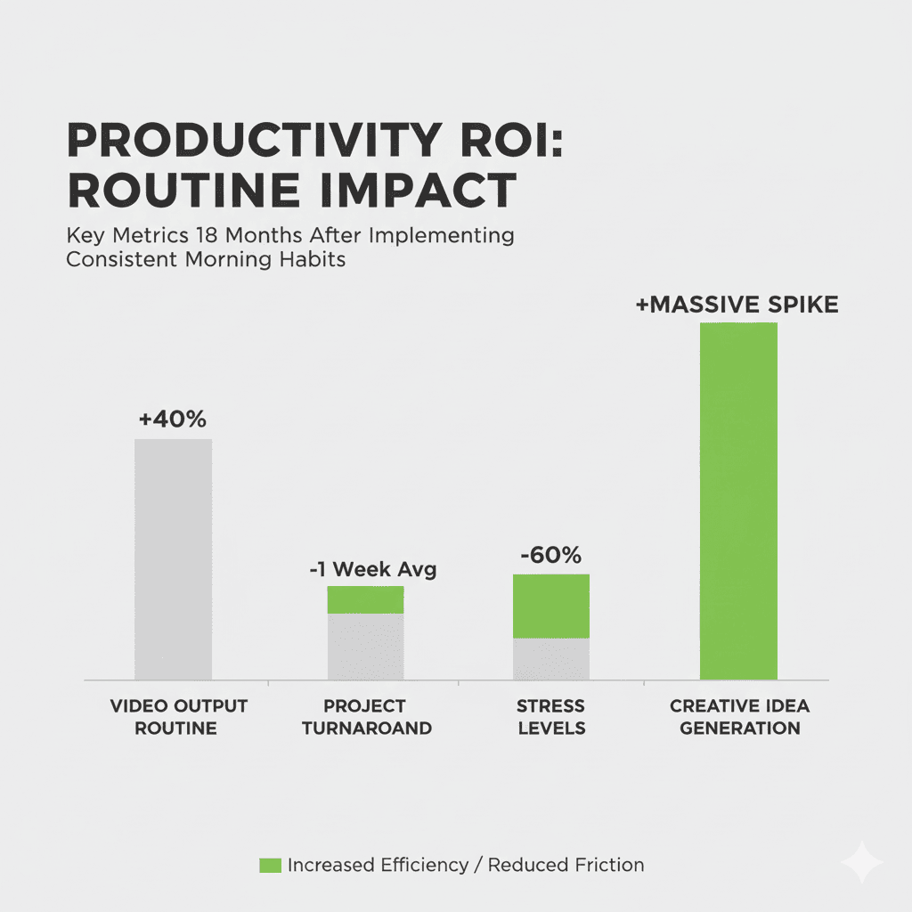A bar graph showing before vs after routine: video output, project turnaround, stress levels, creative idea generation.