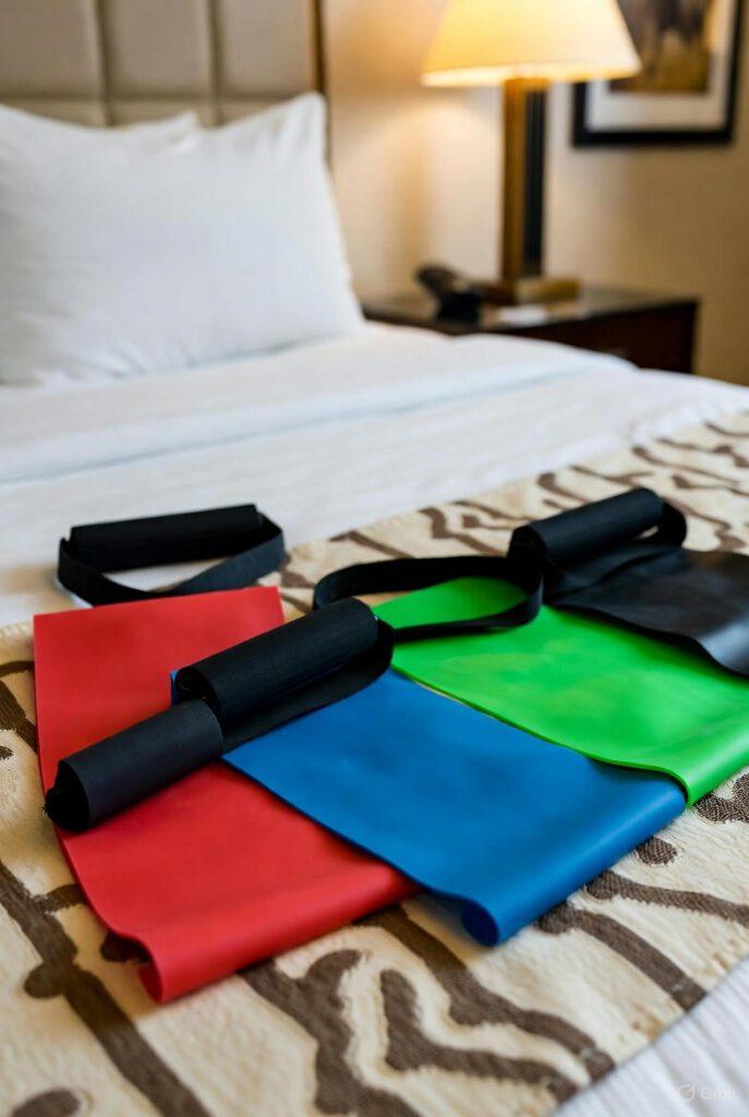 stay fit Resistance bands laid out on a hotel bed — shows the portable workout setup