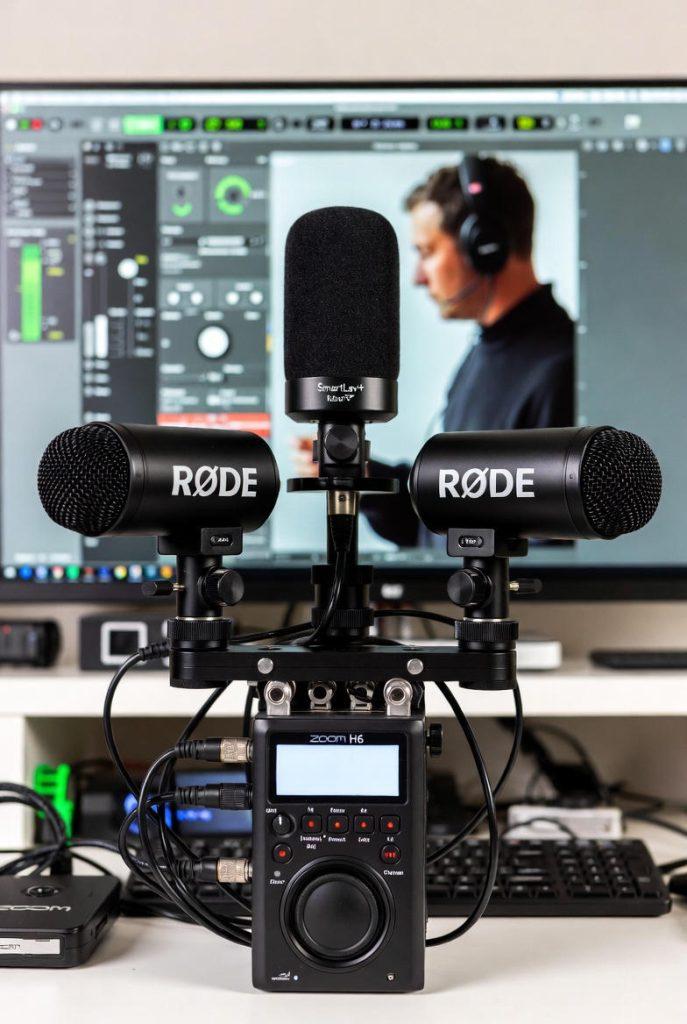 DIY pseudo-spatial audio setup for budget filmmakers: four Rode SmartLav+ lavalier microphones positioned in cardinal directions on a rig, connected to a Zoom H6 multi-track recorder, with a computer screen in the background showing spatial audio processing in plugins like Facebook 360 Spatial Workstation.