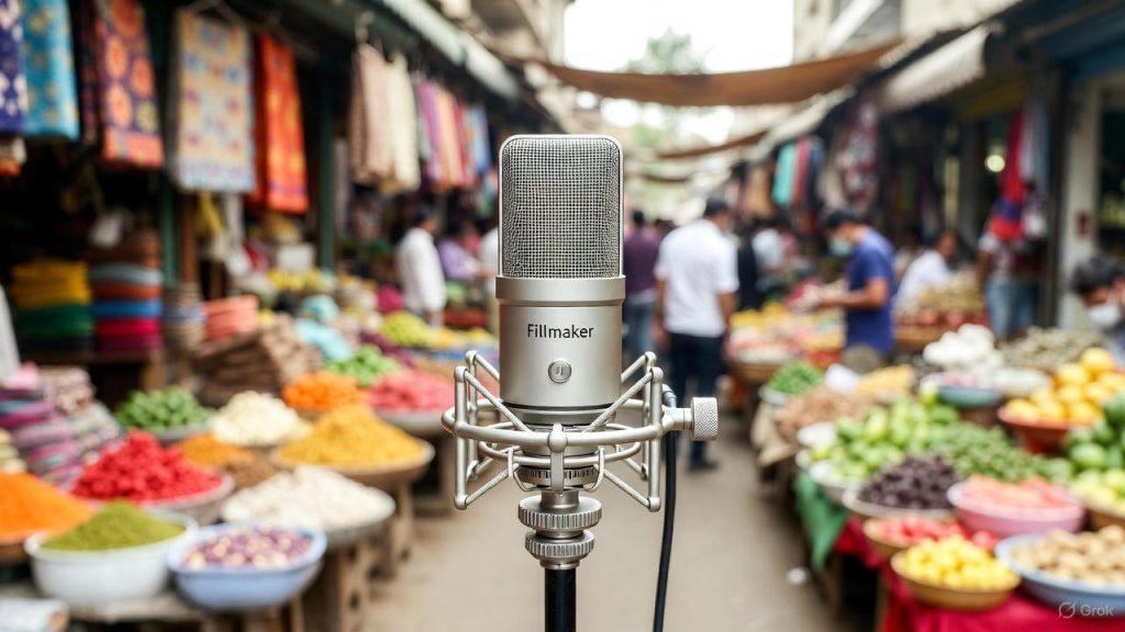 Travel filmmaker holding a single compact ambisonic microphone on a boom pole in a bustling colorful marketplace, highlighting the advantages of ambisonics: one-mic setup, post-production rotation flexibility, broad platform compatibility, and travel-friendly portability without multiple mics or cables.