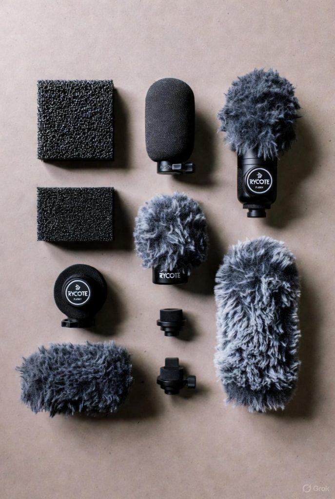 Essential windscreen accessories for spatial audio: foam covers for mild conditions and Rycote furry deadcats for outdoor use, priced $50-$150 to protect ambisonic microphones from wind noise.