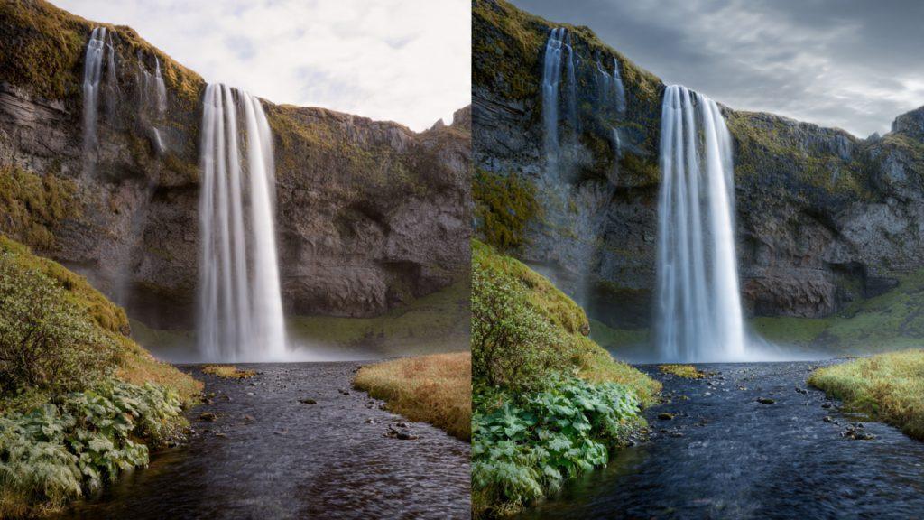 Behind-the-scenes photo from Iceland shoot - You at Seljalandsfoss showing the before/after of waterfall with and without ND filter (demonstrates the problem/solution visually)