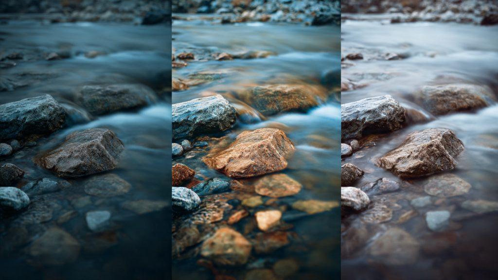 Filter comparison grid - Three images side-by-side: no filter, 3-stop, 6-stop, showing water blur progression