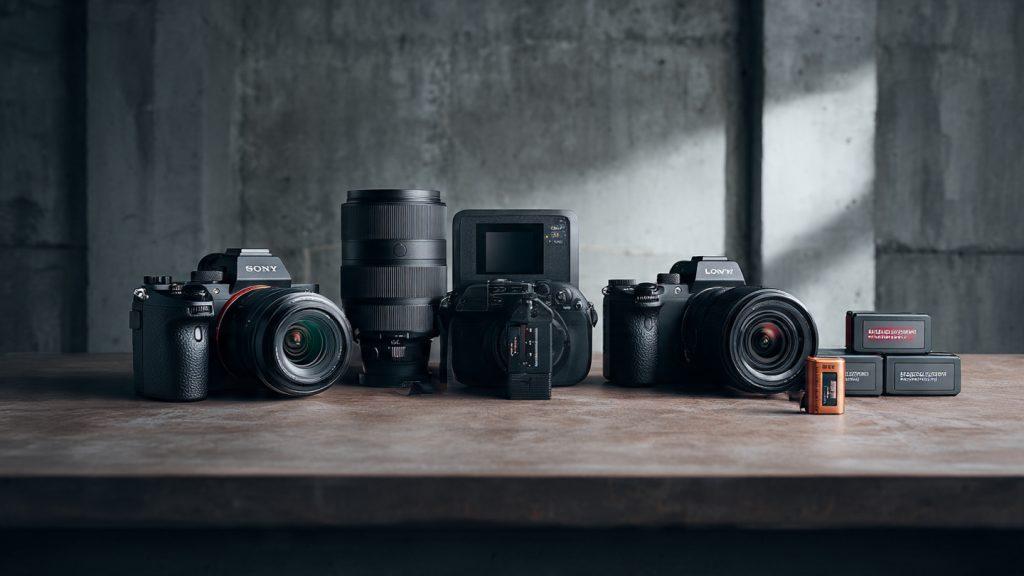Prompt: A professional still life photograph on a clean, grey concrete workshop table. The three main cameras—the Sony A7 IV, the Blackmagic Pocket Cinema Camera 6K G2, and the Panasonic Lumix S5 II—are lined up, each fitted with an appropriate prime lens. Their distinct ergonomic shapes are visible. Next to the Blackmagic is a small pile of spare batteries and a stack of Davinci Resolve boxes, emphasizing the specific workflow requirements. Overhead technical lighting from softboxes, neutral colors, 8k resolution, highly detailed textures, macro focus on the camera badges. --ar 16:9