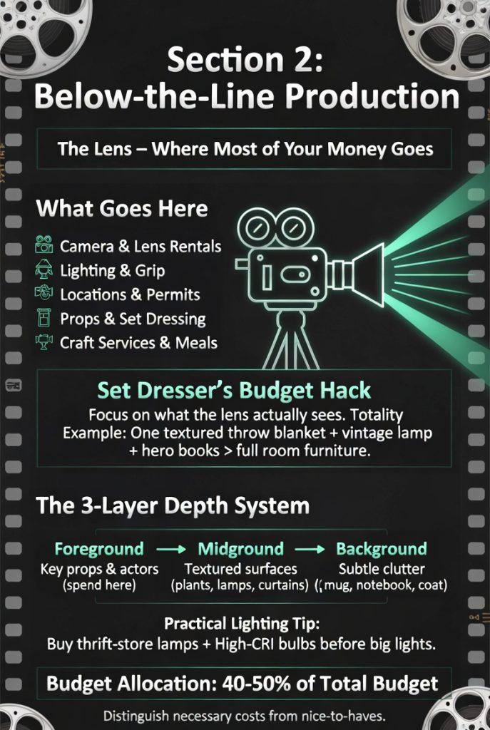 Infographic explaining Section 2: Below-the-Line Production in a solo filmmaker budget template. Covers camera, lighting, locations, set dressing, and meals. Highlights smart budgeting hacks like "Texture Over Totality" and the 3-Layer Depth System for maximum production value.
