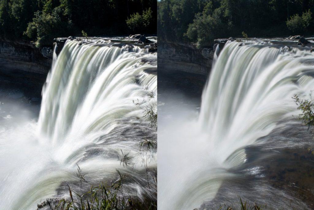 Split comparison, no text overlays: left half shows frozen waterfall at 1/500th (harsh midday sun, white peaks in water), right half shows the same waterfall at 2 seconds (smooth silk, same framing). Let the images carry the argument.