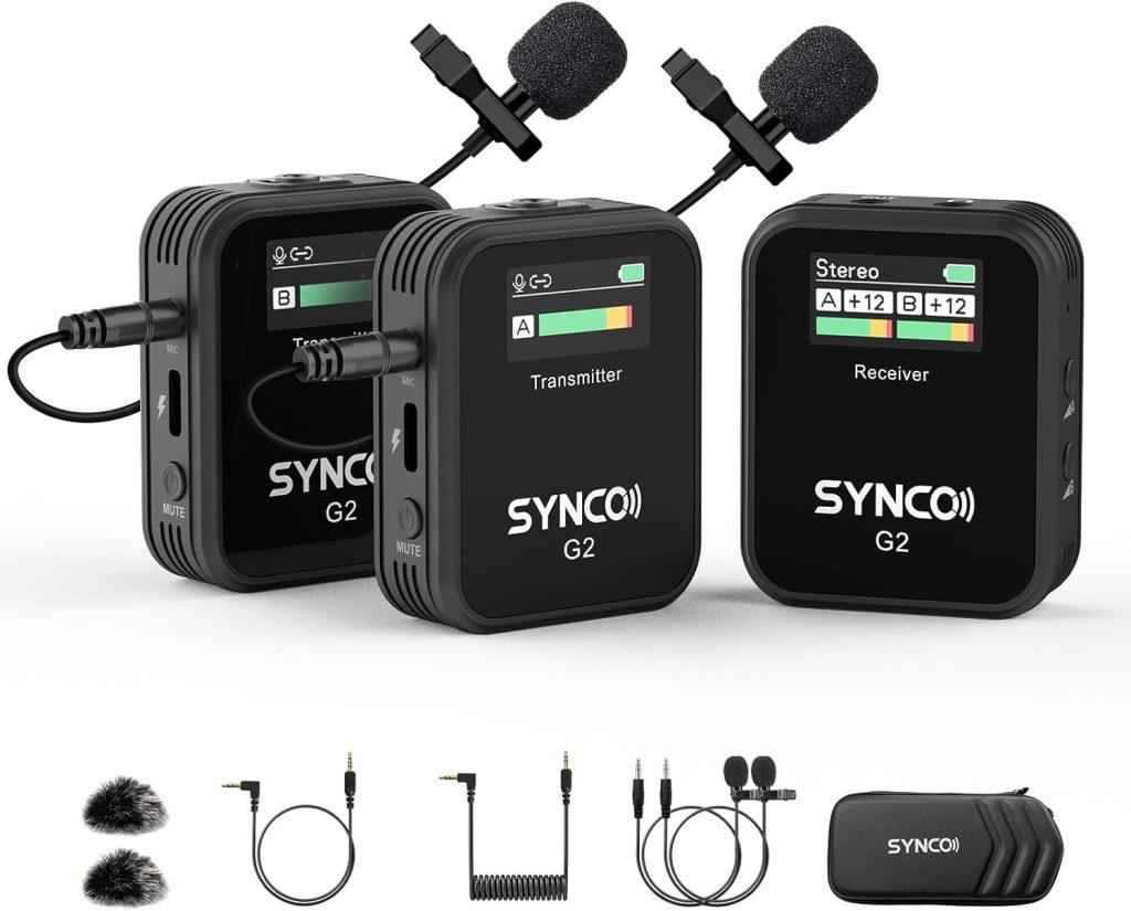 SYNCO Wireless Lavalier Microphone, G2(A2) 2.4G Dual Transmitter 48KHz 24Bit Lapel Mic 656FT 8H for Vlogging Live Streaming YouTube for Camera Smartphone Tablet