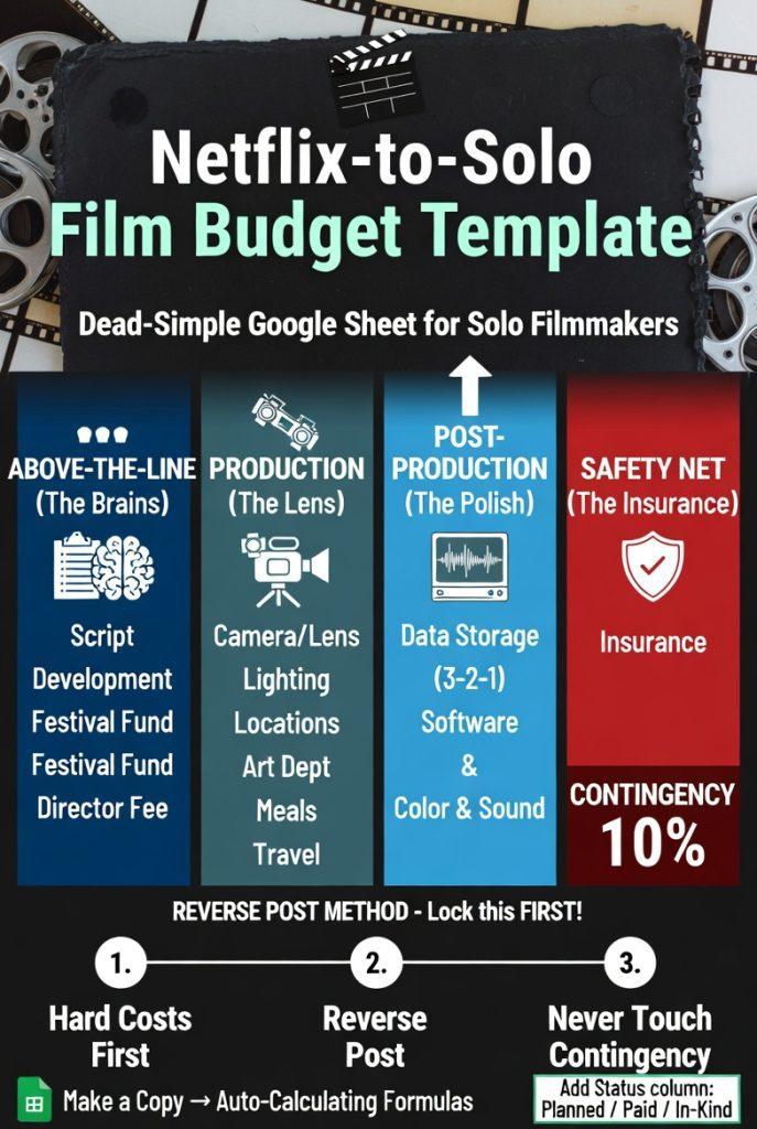 Alt text: Infographic titled "Netflix-to-Solo Film Budget Template – Dead-Simple Google Sheet for Solo Filmmakers". It shows four color-coded sections: Above-the-Line (Script, Festival Fund, Director Fee), Production (Camera, Lighting, Locations, Art, Meals, Travel), Post-Production (highlighted in blue with "Reverse Post Method – Lock this FIRST!" including Data Storage, Software, Color & Sound), and Safety Net (Insurance + bold 10% Contingency). Bottom shows the three-step process: 1. Hard Costs First, 2. Reverse Post, 3. Never Touch Contingency. Includes Google Sheets "Make a Copy" instruction and Status column tip.