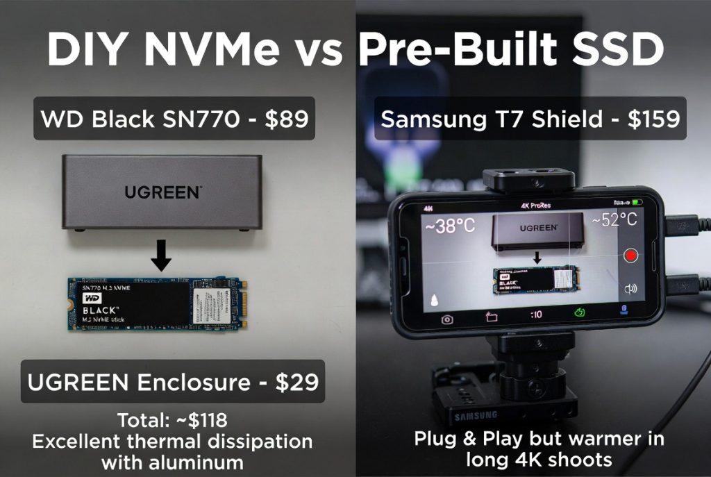 "DIY NVMe vs. Pre-Built SSD": Product comparison shot showing WD Black SN770 M.2 stick next to UGREEN aluminum enclosure (disassembled) on left, Samsung T7 (assembled) on right. Include labels showing thermal performance specs and price difference. Proof element: Both drives connected to iPhone during 4K ProRes recording test with on-screen temperature readouts.