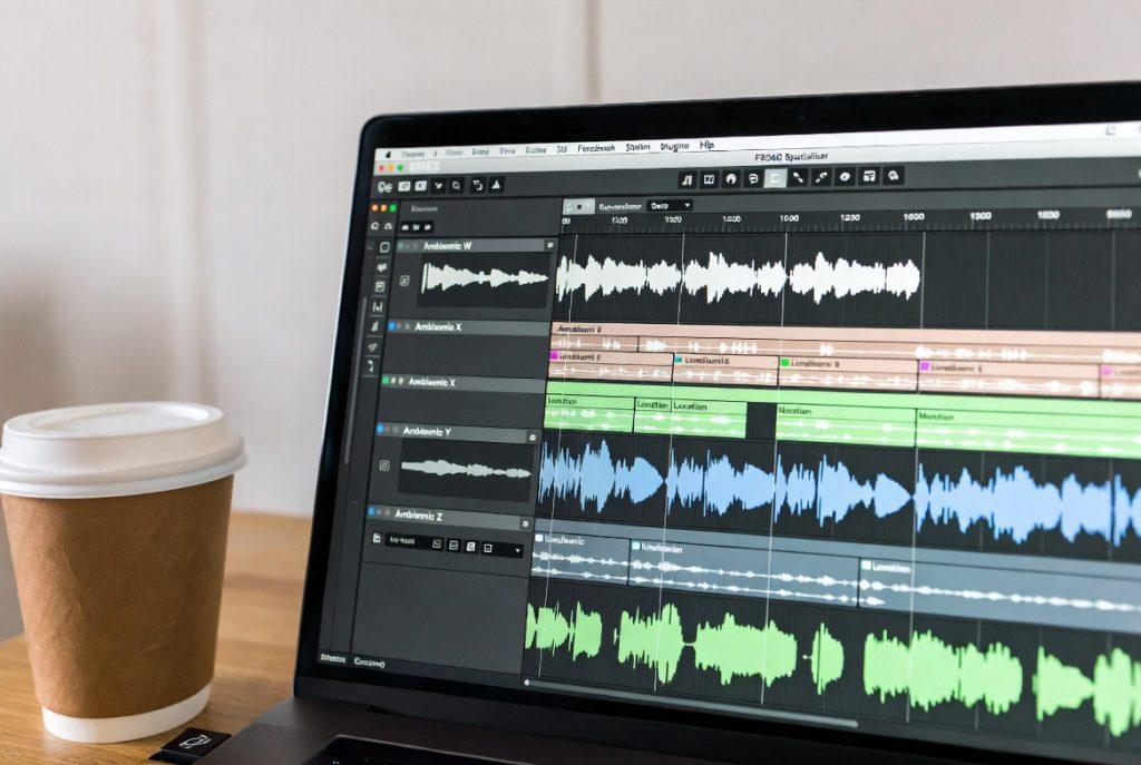 A laptop screen showing a DAW (Reaper) with four clearly labeled ambisonic tracks, a timeline with multiple location recordings, and a browser tab open to the FB360 Spatialiser plugin. Coffee cup visible. Not a clean desk setup.