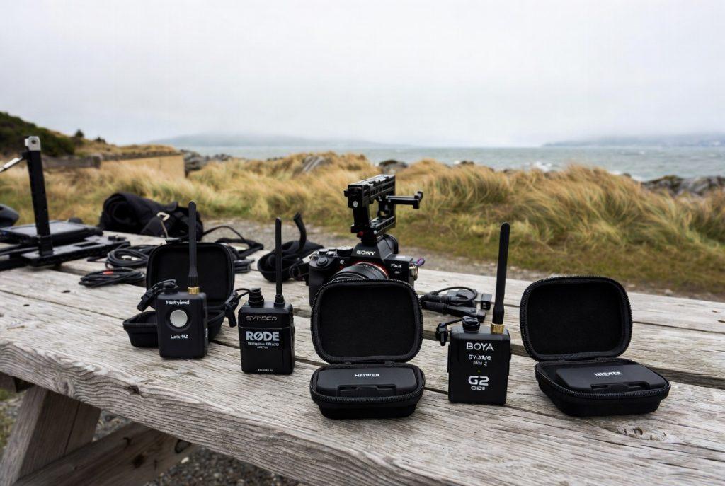 The gear spread, field version — All five transmitters laid out on something real: a rocky surface, a weathered picnic table, the hood of a car. Cases open. FX3 nearby but not centered. Wind-affected environment in the background if possible. No white sweep, no studio light.
