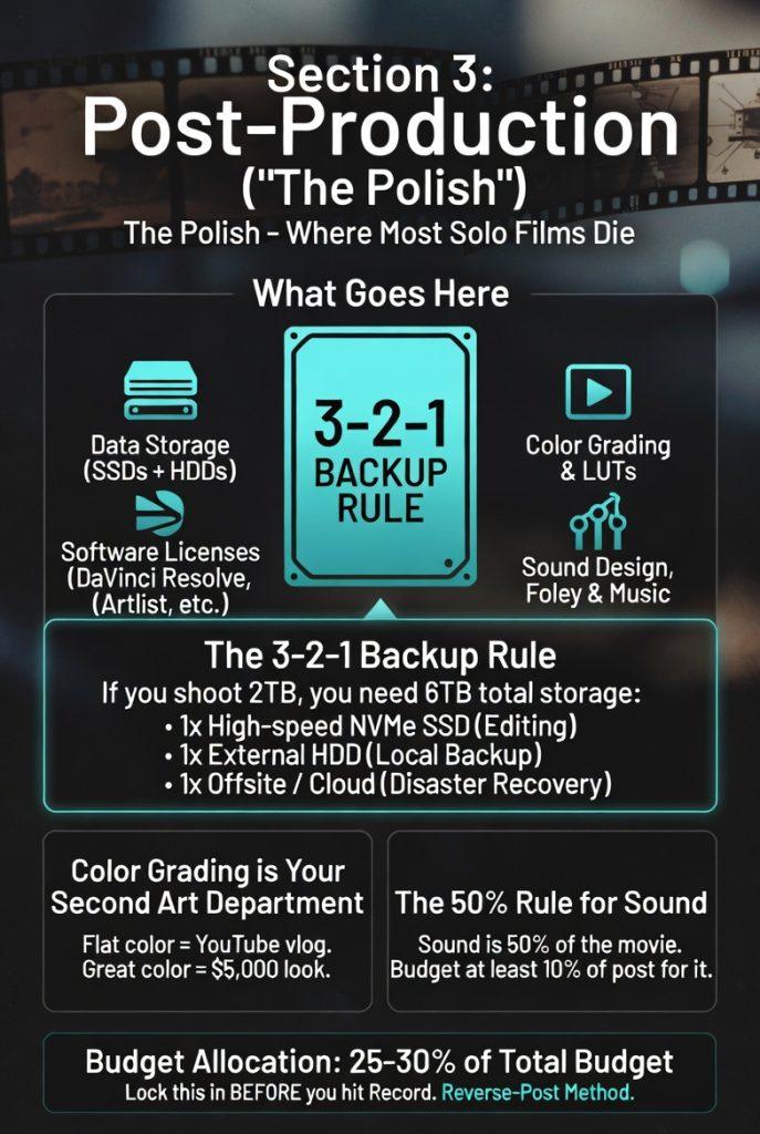 Infographic explaining Section 3: Post-Production in a solo filmmaker budget template. Highlights the 3-2-1 Backup Rule, storage needs, color grading, sound design, and recommends allocating 25–30% of the total budget to post-production.