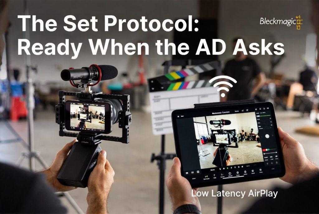 iPhone cinema rig streaming live feed via Wi-Fi 7 AirPlay to an iPad on set. Director monitoring Blackmagic Camera app in real time.