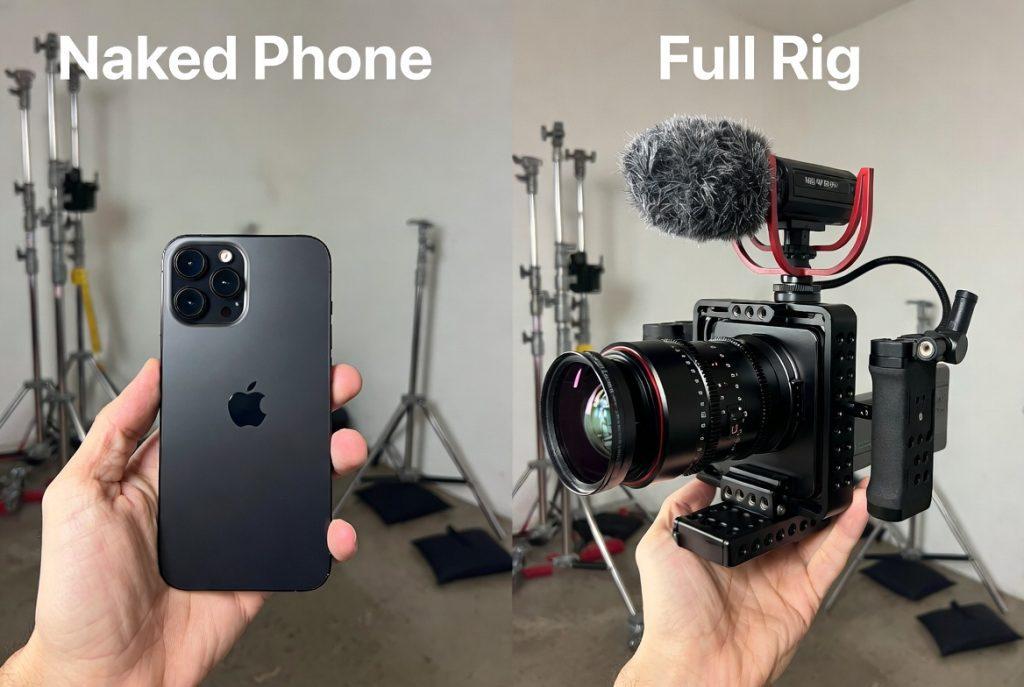 "Before/After: Naked Phone vs. Full Rig": Split image. Left side: bare iPhone held in hand, clean and minimal. Right side: same phone in full cage with grips, filter, mic, SSD mount. Both images shot from same angle to show size/weight comparison. Proof element: same identifiable location (hotel lobby or film set corner) in both frames.