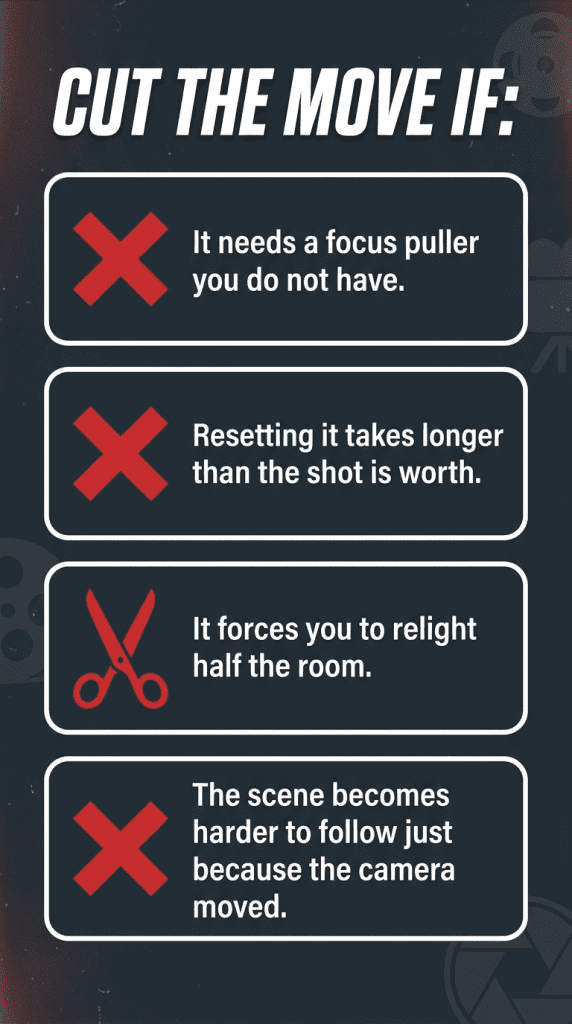 CUT THE MOVE IF: - It needs a focus puller you do not have. - Resetting it takes longer than the shot is worth. - It forces you to relight half the room. - The scene becomes harder to follow just because the camera moved.