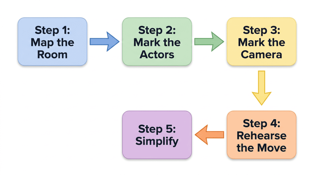 [ Step 1: Map the Room ] ➔ [ Step 2: Mark the Actors ] ➔ [ Step 3: Mark the Camera ] │ [ Step 5: Simplify ] ◄──── [ Step 4: Rehearse the Move ] ◄─────────┘